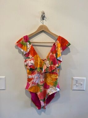 trina turk one piece swimsuit women's sz 8 sunny bloom ruffle V neck floral